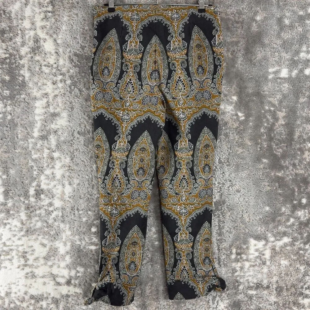 Free‎ People Sz 6 Black & Gold Paisley Print High Rise Crop Pants Boho Artsy